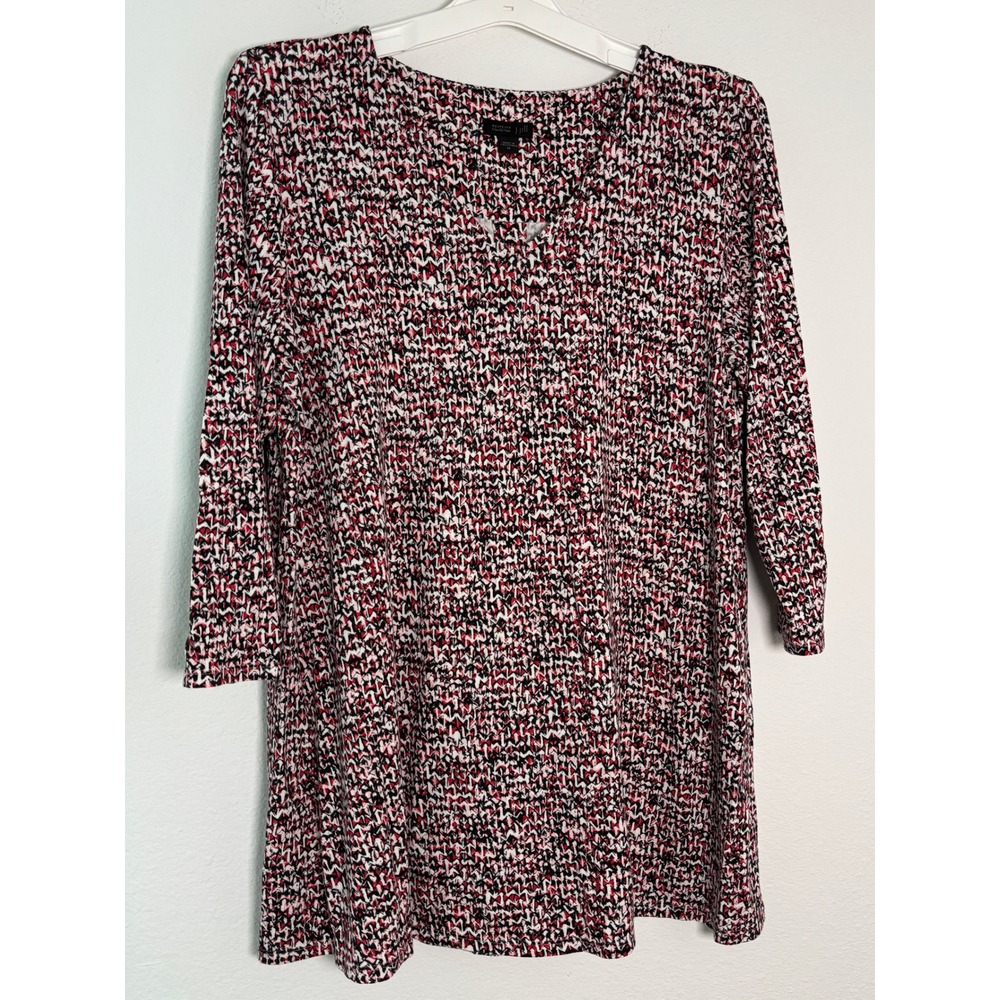 J. Jill Wearever Red Black White Geometric Knit Tunic Top V-Neck 3/4 Sleeve‎ Med
